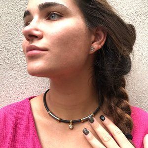 Signed David Grau Gold Plated Rubber necklace w CZ